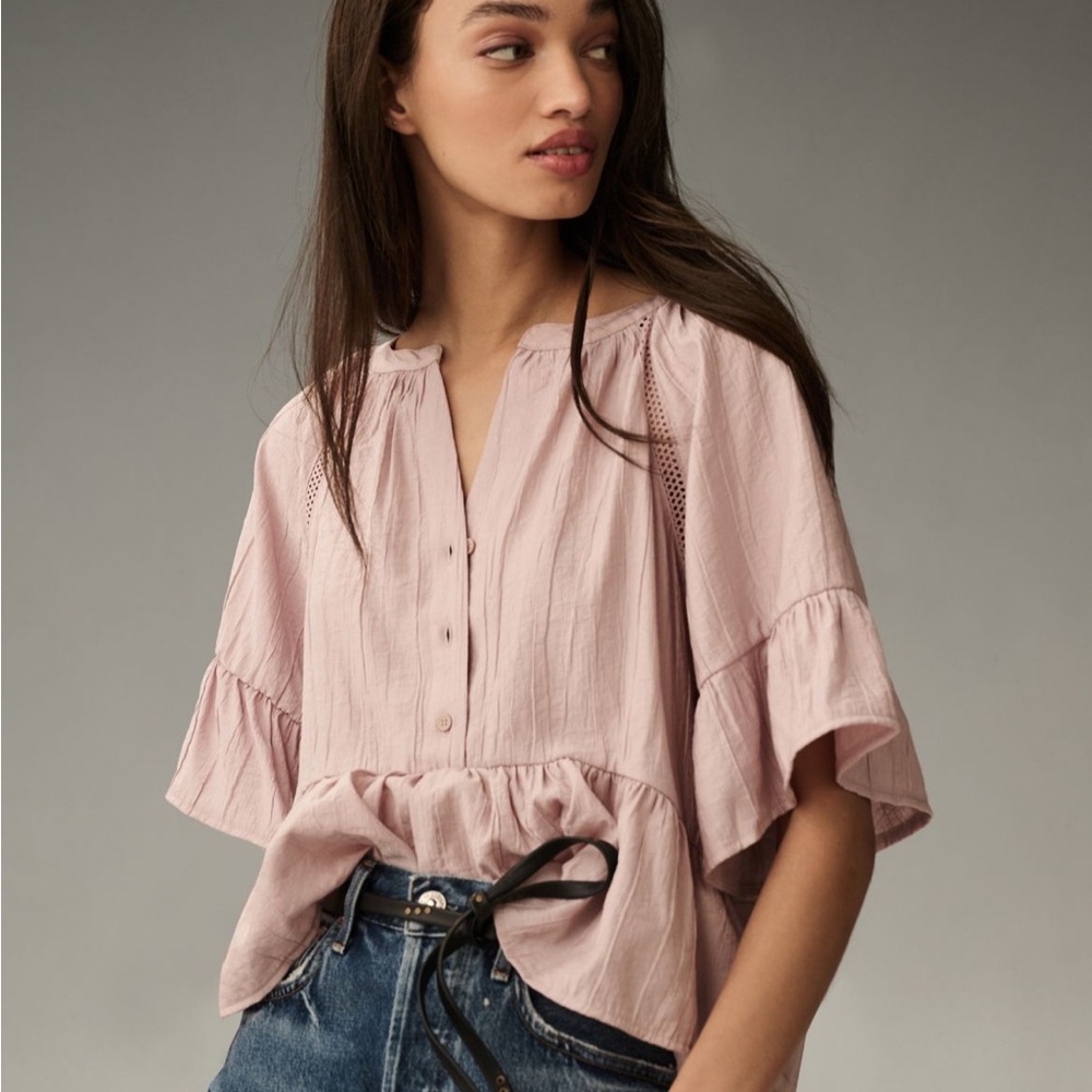 Anthropologie Pink Bell Sleeve Blouse with Ruffles
